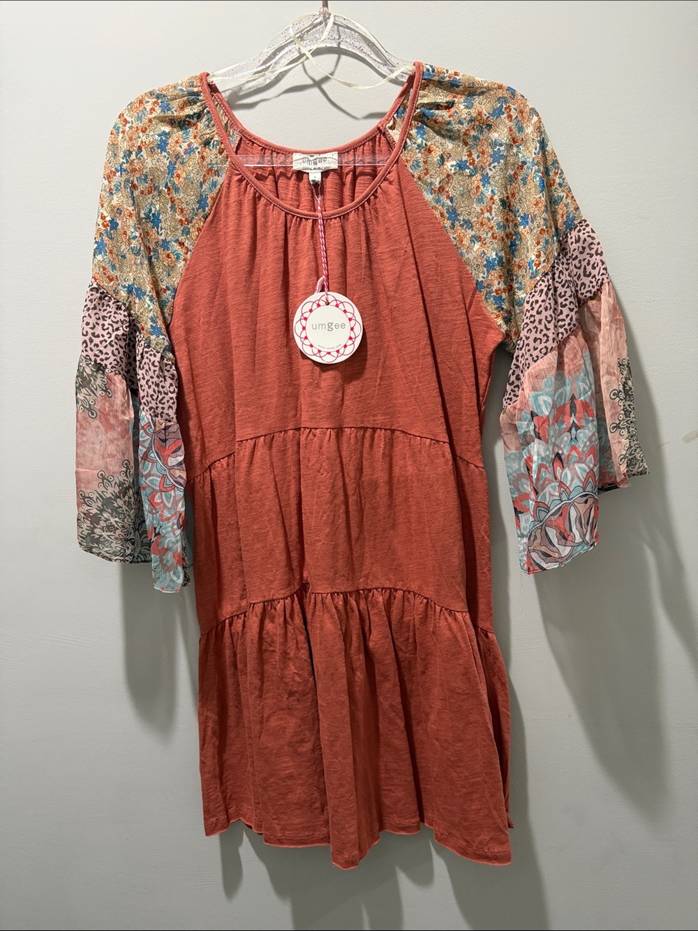 Umgee Rust Tiered Dress with Multicolor Patchwork Sleeves